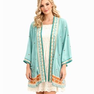 Matilda‎ Jane Womens Kimono M L Teal Days Like This Cottage Open Cardigan Floral